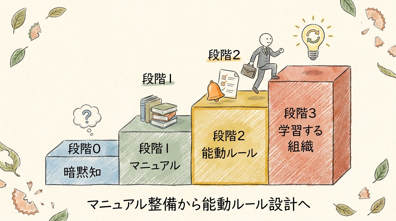 段階0（暗黙知）→ 段階1（マニュアル）→ 段階2（能動ルール）→ 段階3（学習する組織）