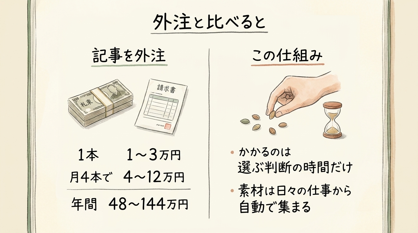 外注費の山と、種を選ぶ判断の時間を載せた天秤