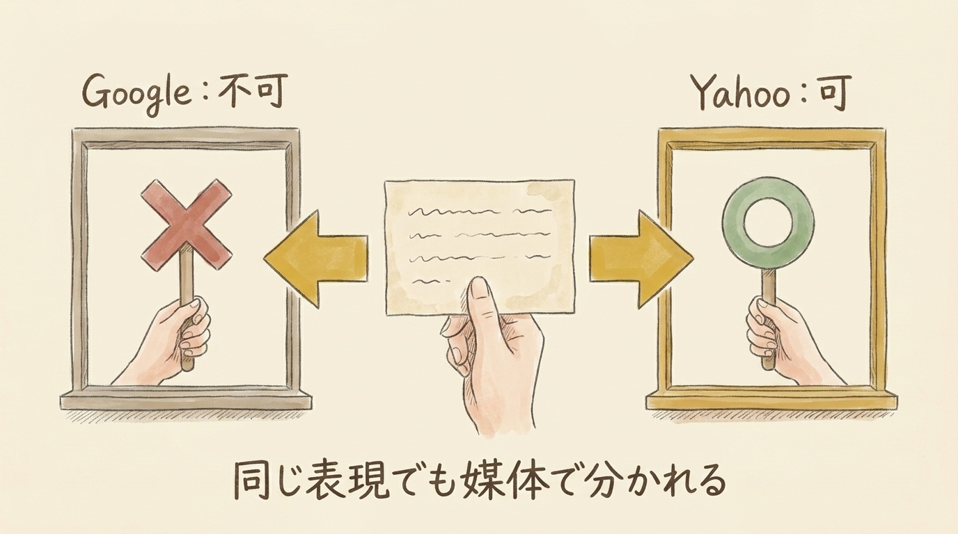 図解：同じ表現でもGoogleは不可、Yahooは可。媒体で審査が分かれる