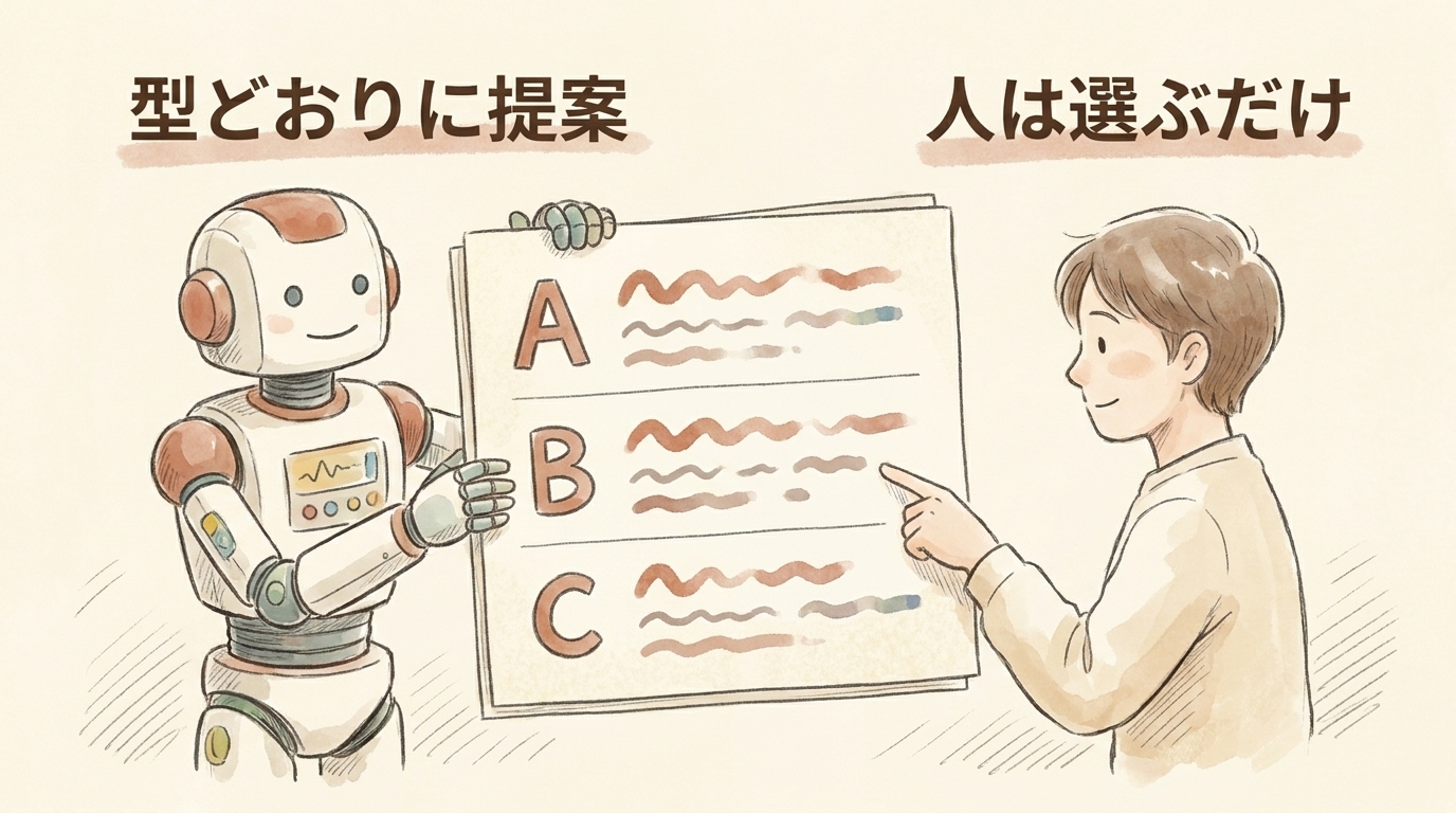 図解：AIが型どおりに提案し、人は選ぶだけ