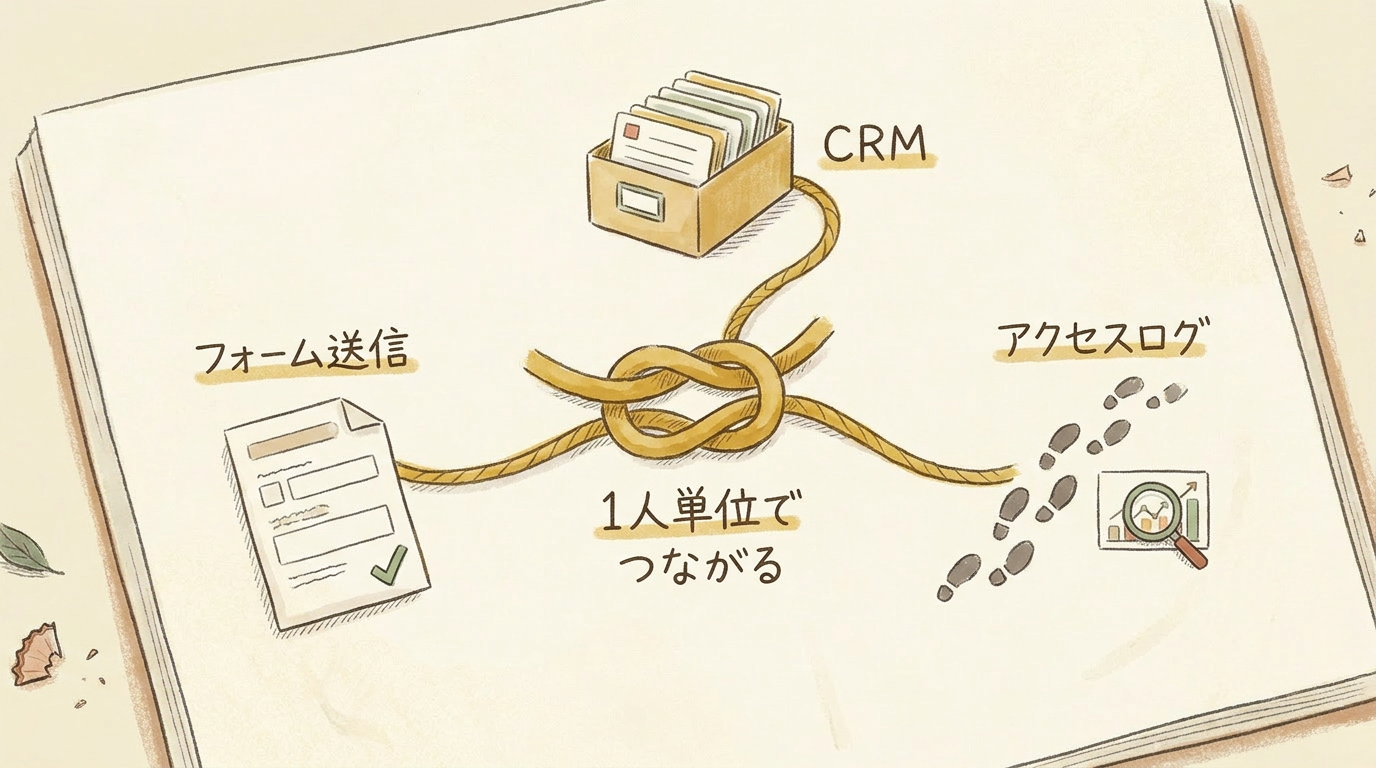 図解：フォーム・CRM・アクセスログの3つを1人単位で結ぶ