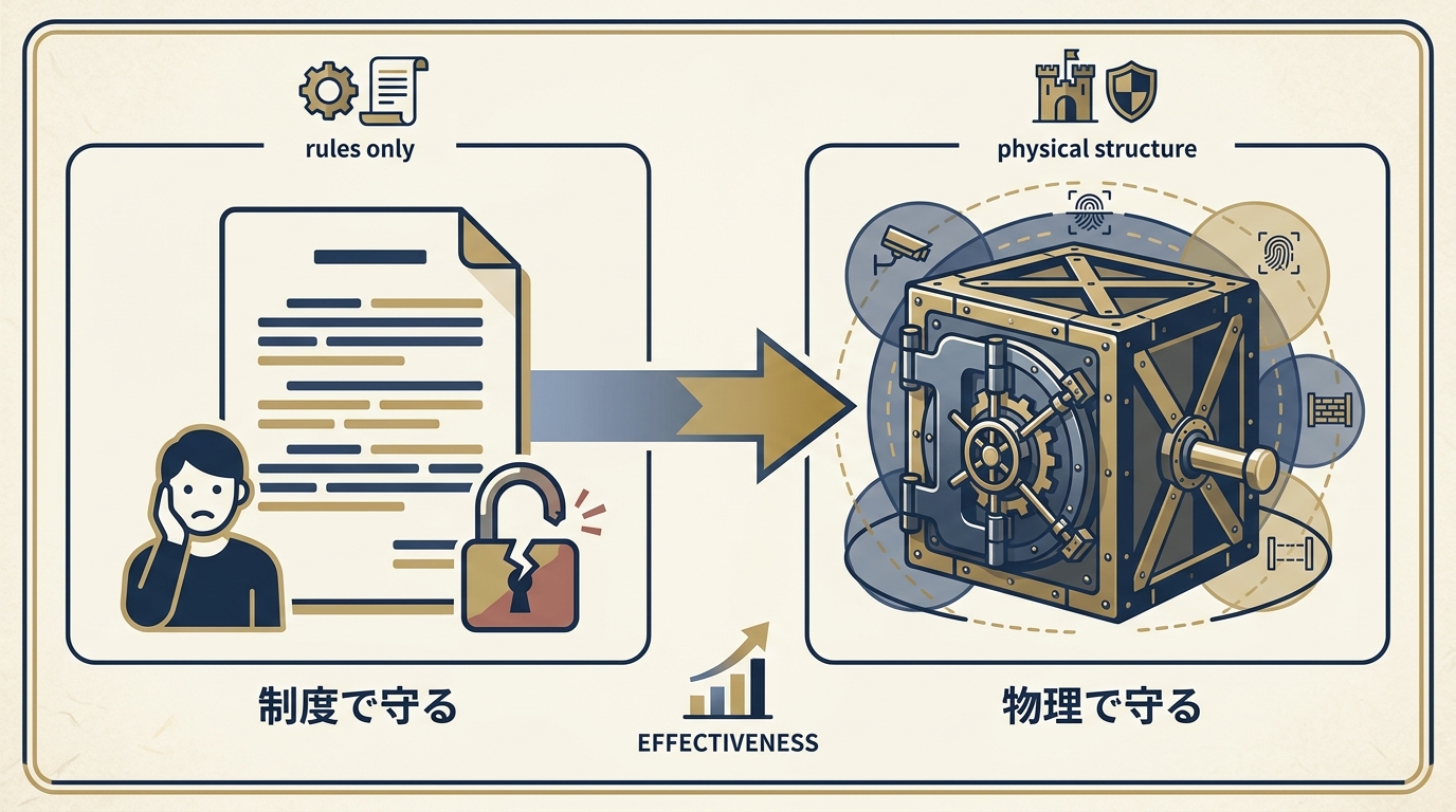 制度で守る（ルール文書と破損した鍵）から物理で守る（堅牢な金庫）への発想転換を示す図