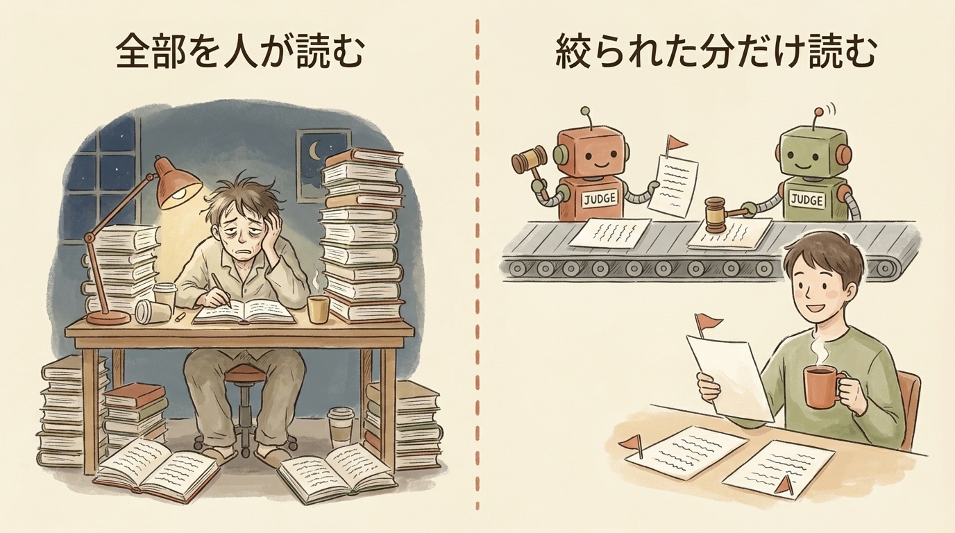 図解：全部を人が読む状態から、評価チェーンで絞られた分だけ読む状態へ