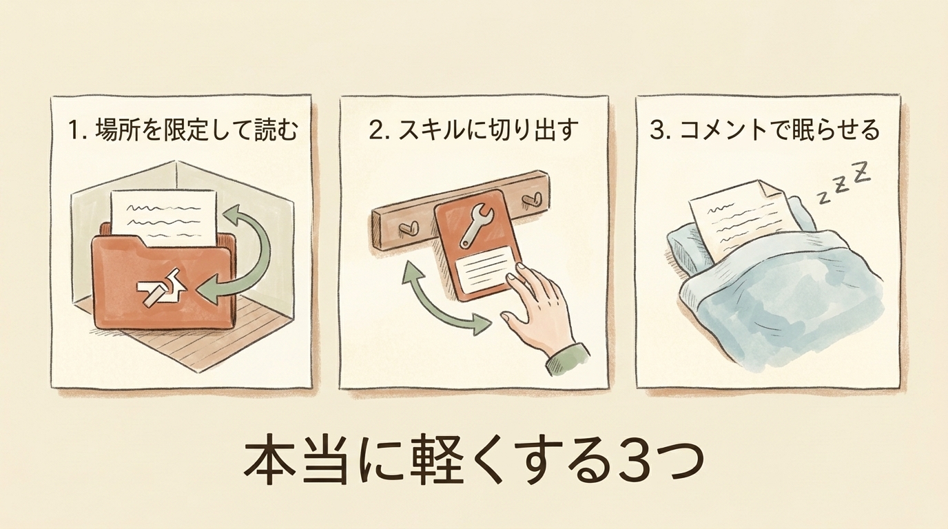 図解:本当に軽くする3つ。場所を限定して読む・スキルに切り出す・コメントで眠らせる