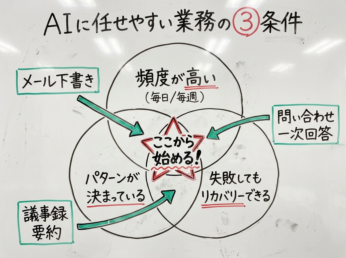 AIに任せやすい業務の3条件 — 頻度が高い・パターンが決まっている・失敗してもリカバリーできる