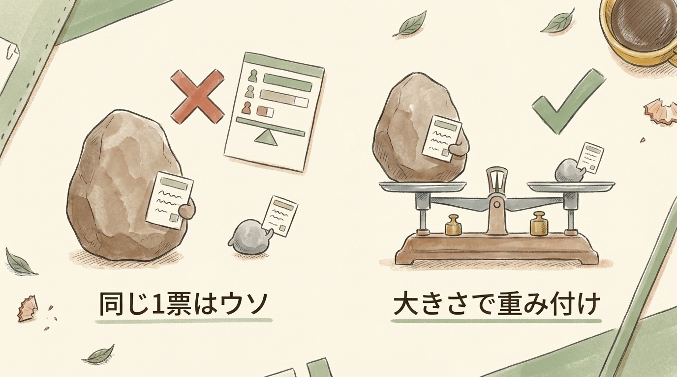 図解：大きい数字も小さい数字も同じ1票はウソ。大きさで重み付けする