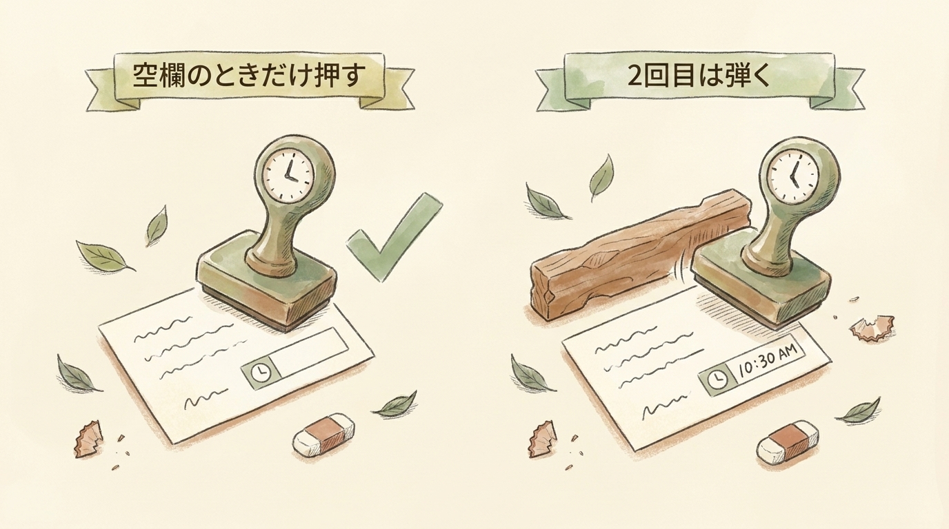 図解：時刻スタンプは空欄のときだけ押し、2回目は弾く
