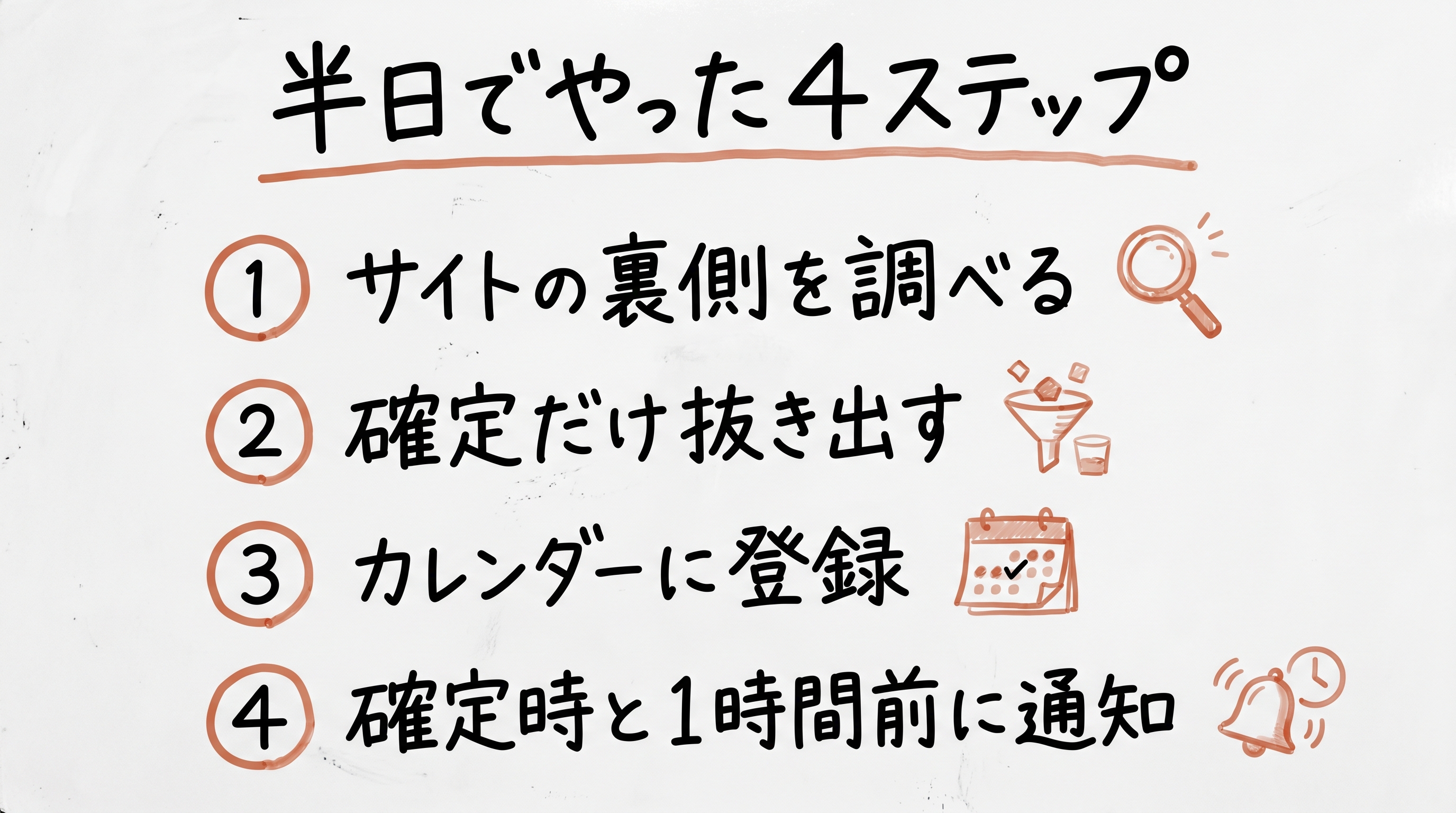 半日でやった4ステップ：サイトの裏側を調べる／確定だけ抜き出す／カレンダーに登録／確定時と1時間前に通知