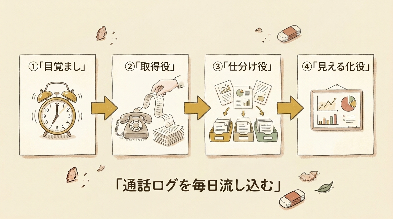 図解：電話CV自動計測の4部品。目覚まし・取得役・仕分け役・見える化役で通話ログを毎日流し込む