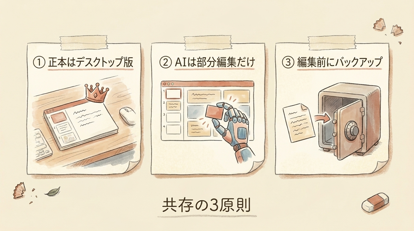 図解：共存の3原則。正本はデスクトップ版・AIは部分編集だけ・編集前にバックアップ