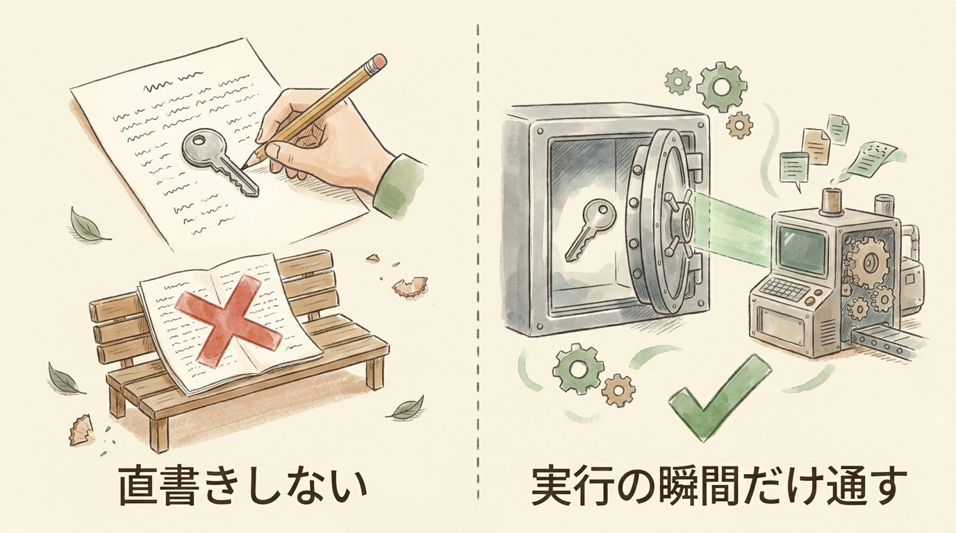 図解：鍵をファイルに直書きせず、実行の瞬間だけ金庫から通す