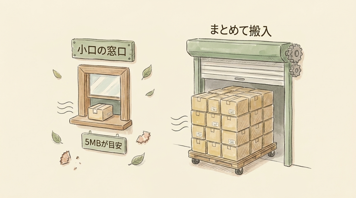 図解：小口の窓口（insertAll、5MBが目安）とまとめて搬入（load job）