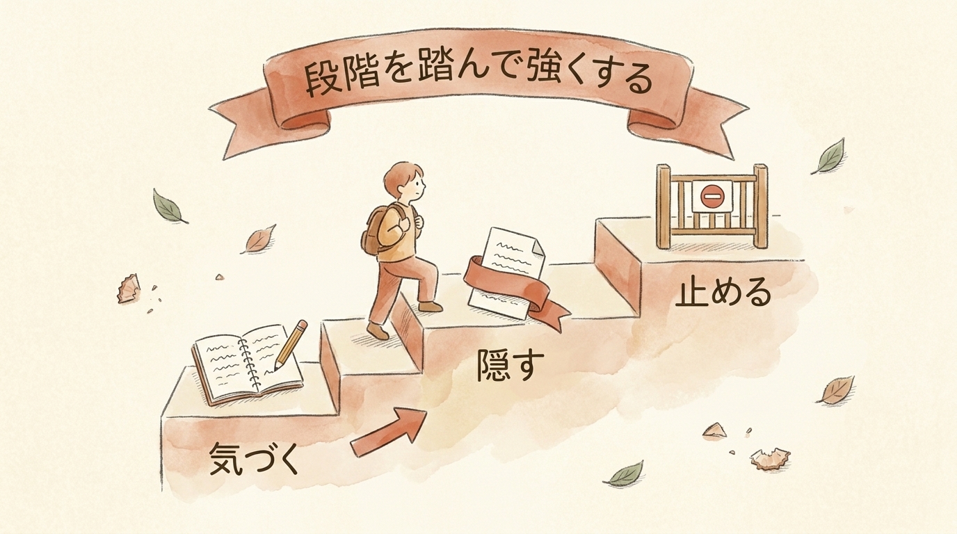 図解:3段階ゲート。気づく→隠す→止める、段階を踏んで強くする