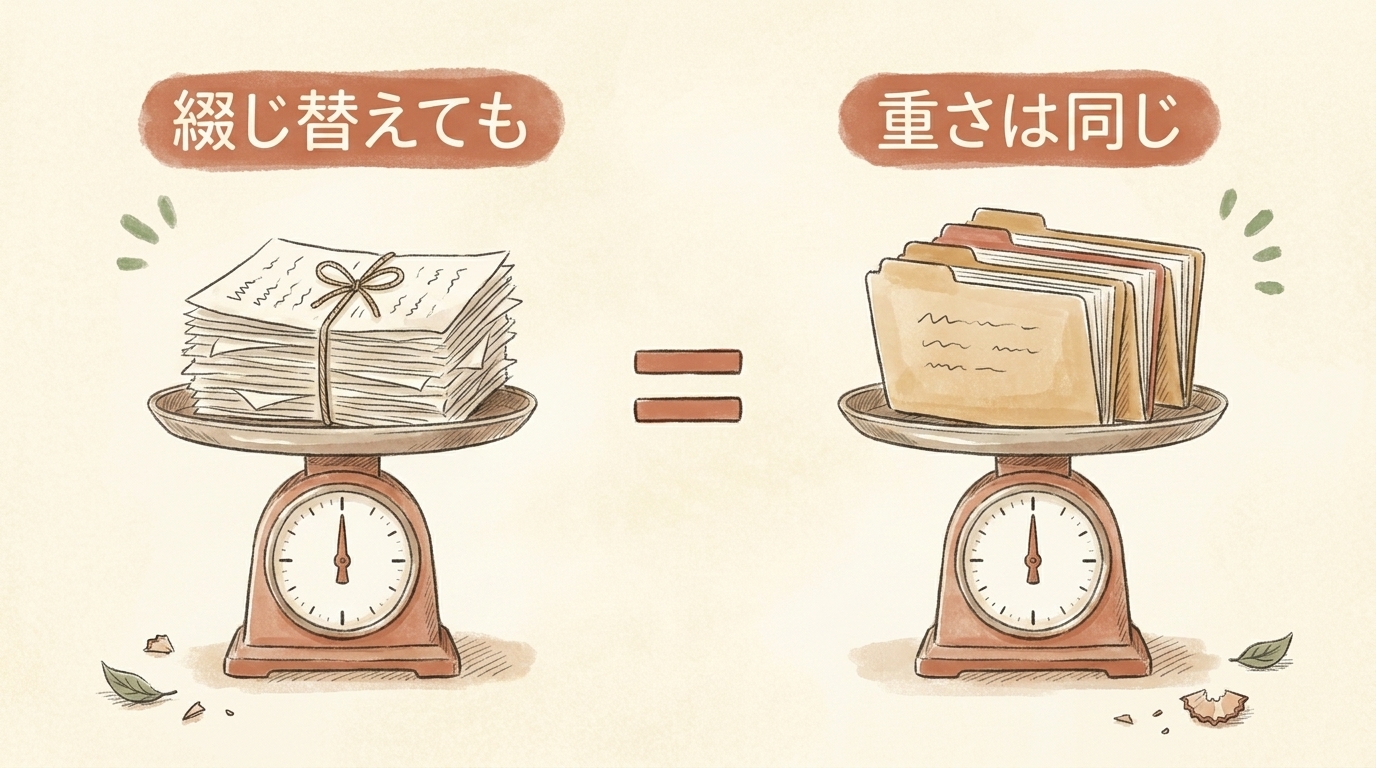 図解:ファイルを綴じ替えても、AIが運ぶ重さは同じ