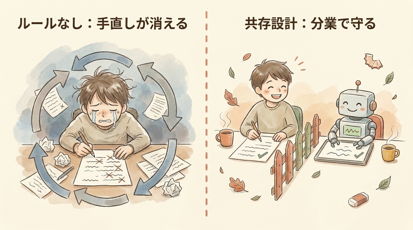 図解：ルールなしは手直しが消えてやり直し。共存設計なら分業で守れる