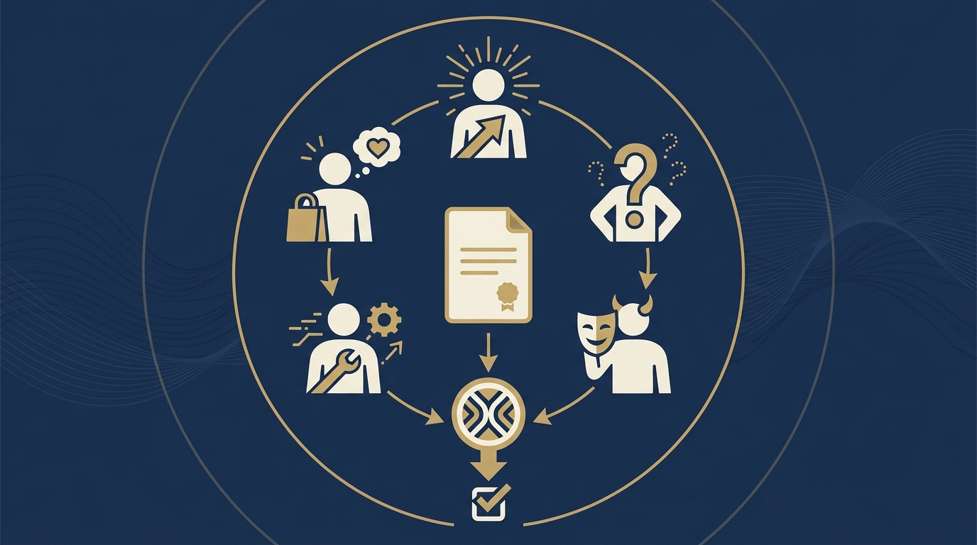 提案を中心に、推進派・懐疑派・悪魔の代弁者・実行担当者・顧客の5つの役割が構造的に意見を出して意思決定に集約される図