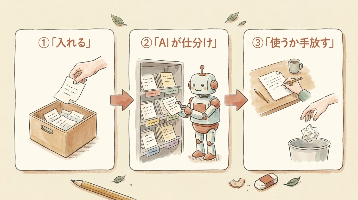 図解：3段階のライフサイクル。入れる→AIが仕分け→使うか手放す