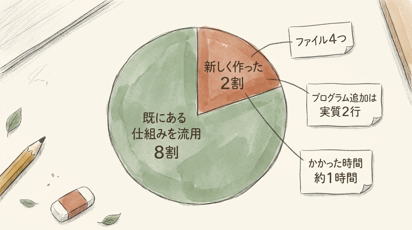 既に動いている大きな仕組みに、小さな部品を4つ足しただけ