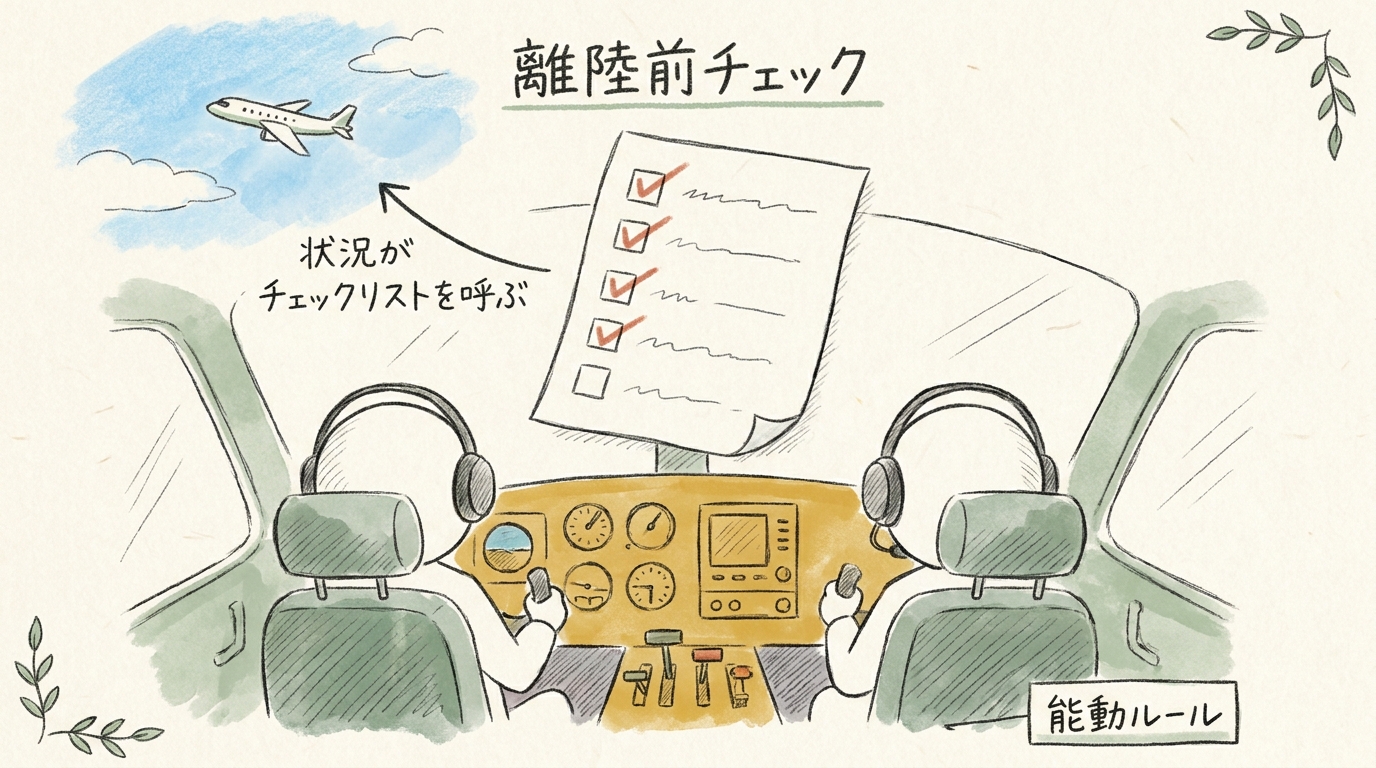 離陸前という状況そのものがチェックリストを呼び出す — 能動ルールの仕組み