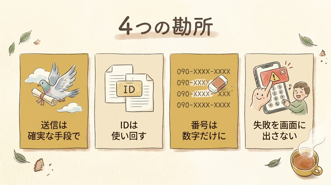 図解：4つの勘所。送信は確実な手段で・IDは使い回す・番号は数字だけに・失敗を画面に出さない