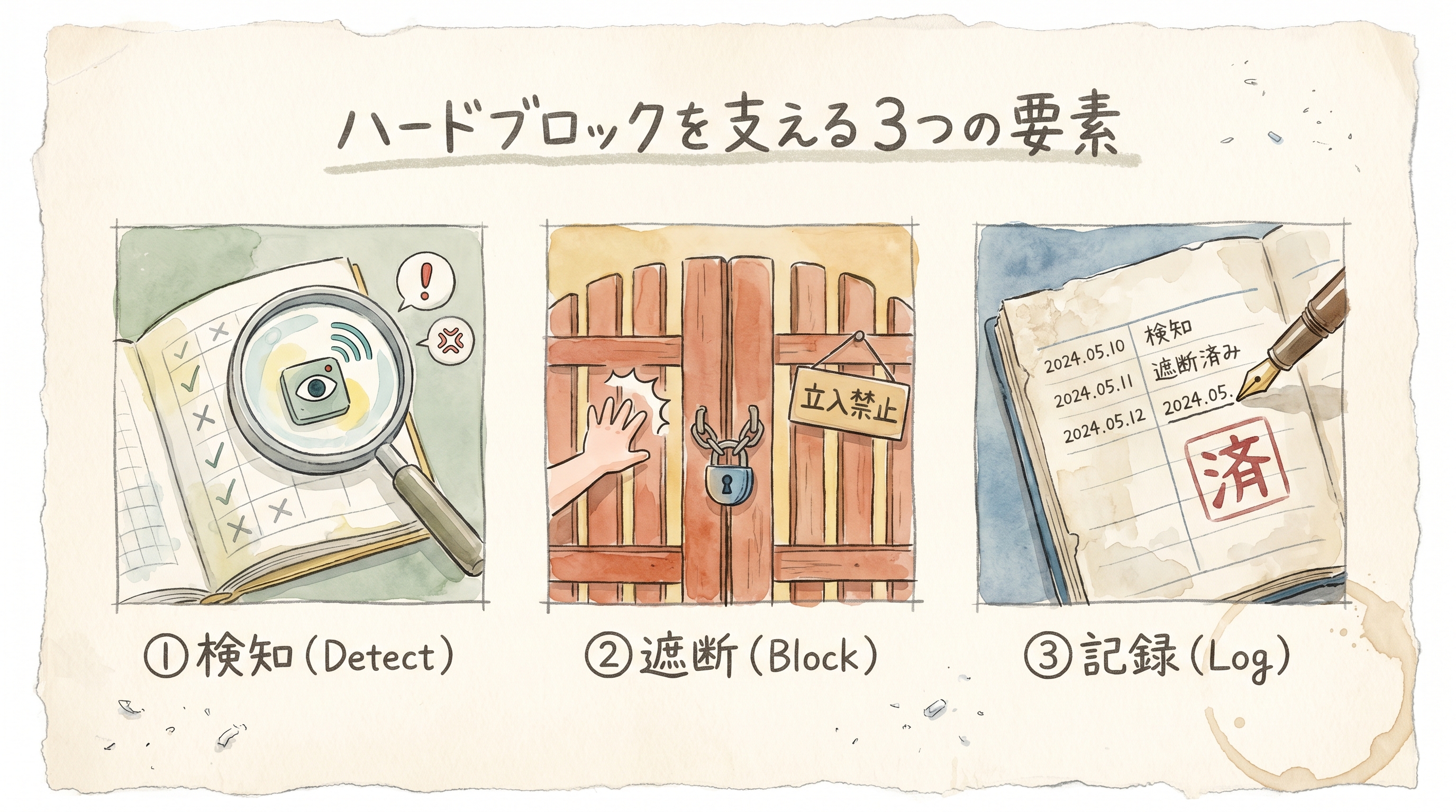 ハードブロックを支える3要素 — 検知・遮断・記録