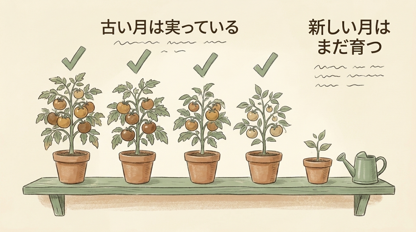 図解：古い月は実っているが、新しい月はまだ育つ途中