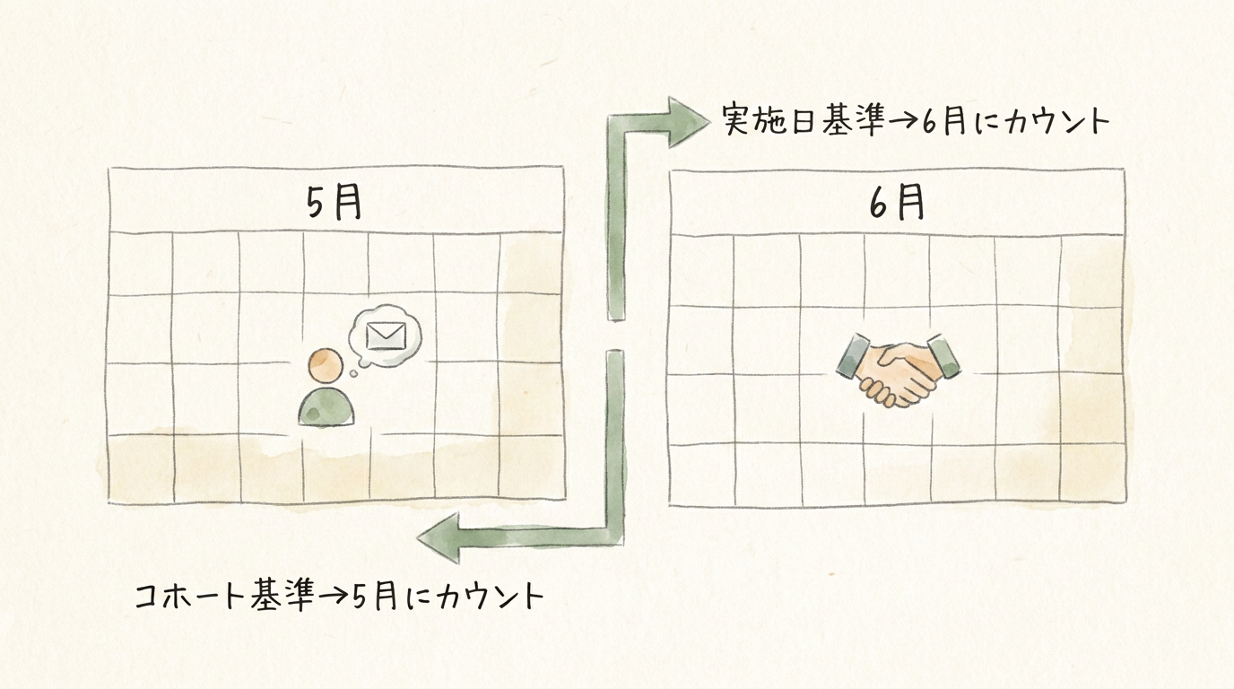 図解：5月の問い合わせが6月に予約されると、基準によって数える月が変わる