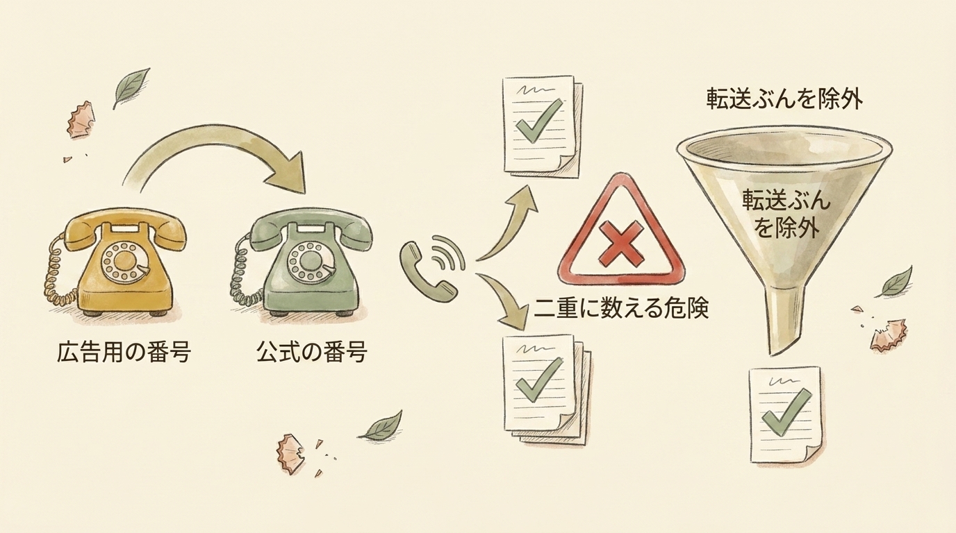 図解：広告用番号から公式番号への転送で同じ通話を二重に数える危険があるため、転送ぶんを除外する