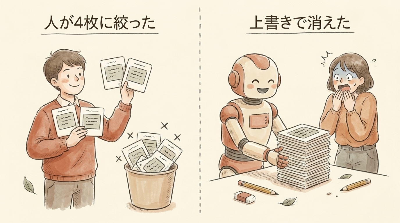 図解：人が4枚に絞った修正が、AIの全上書きで消えた