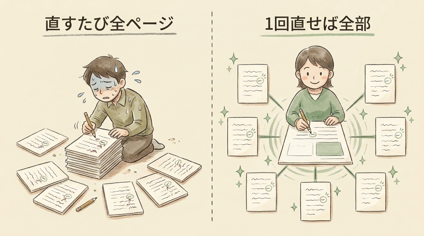 図解：直すたび全ページ修正から、1回直せば全部反映へ