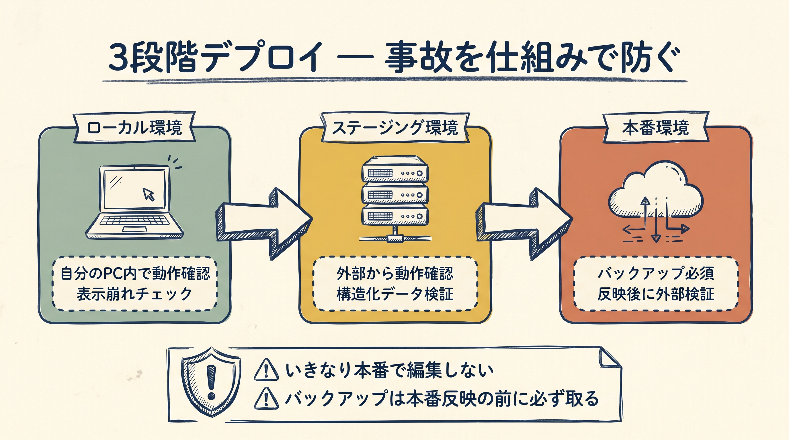3段階デプロイ：ローカル→ステージング→本番の順に反映し、バックアップ必須で事故を仕組みで防ぐ