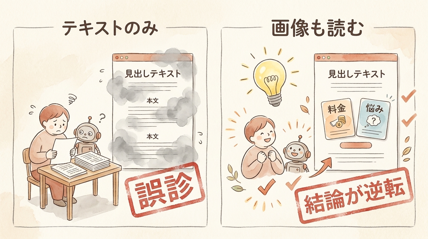 図解:テキストのみの分析は誤診、画像も読ませると結論が逆転した