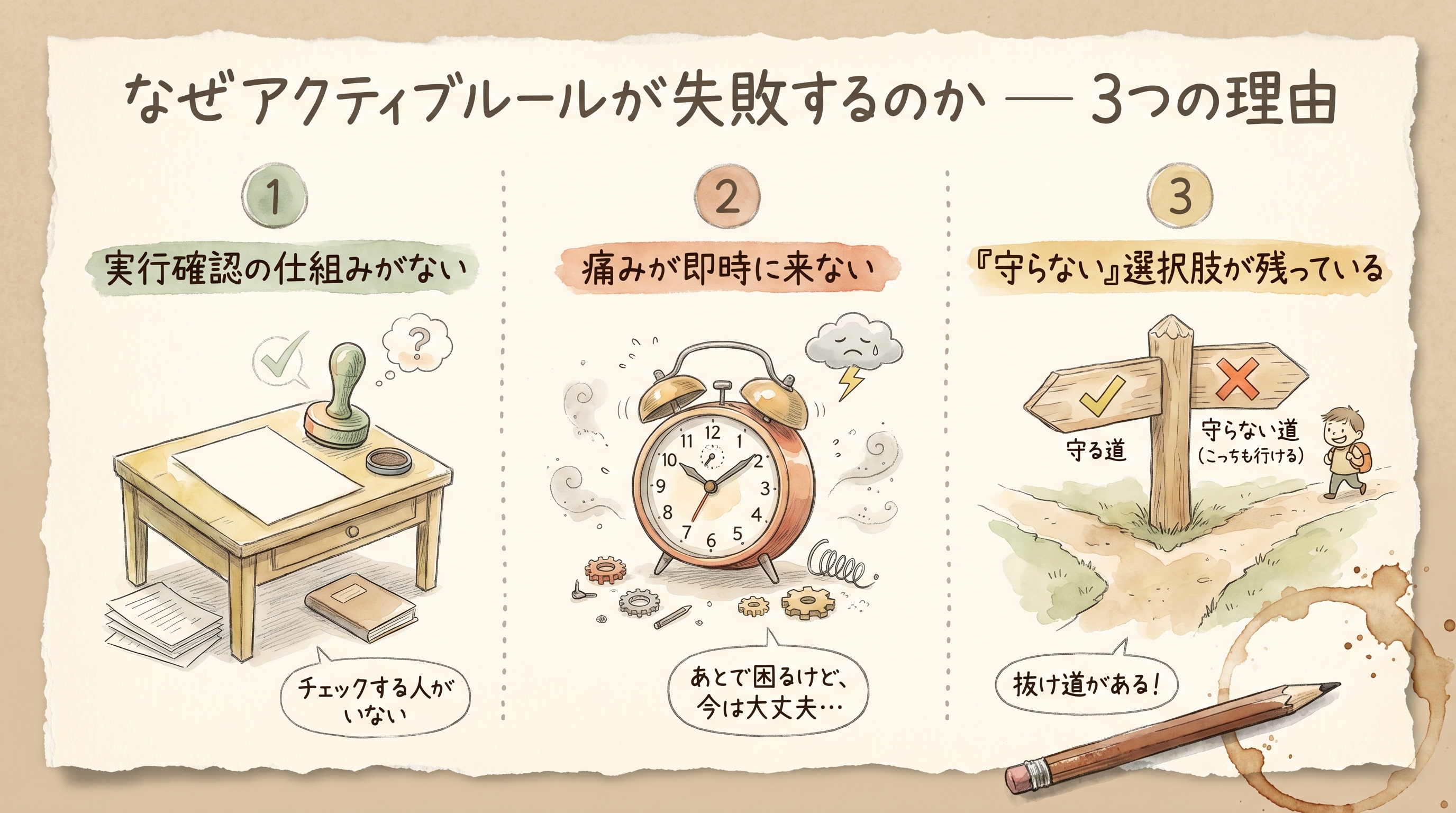 能動ルールが守られない3つの理由 — 実行確認なし／痛みが即時にこない／守らない選択肢が残っている