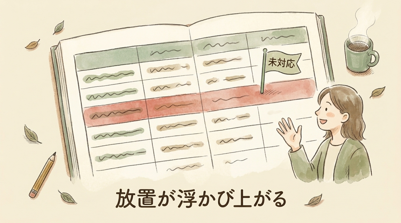 図解：管理表で「未対応」の行が浮かび上がり、放置に気づける