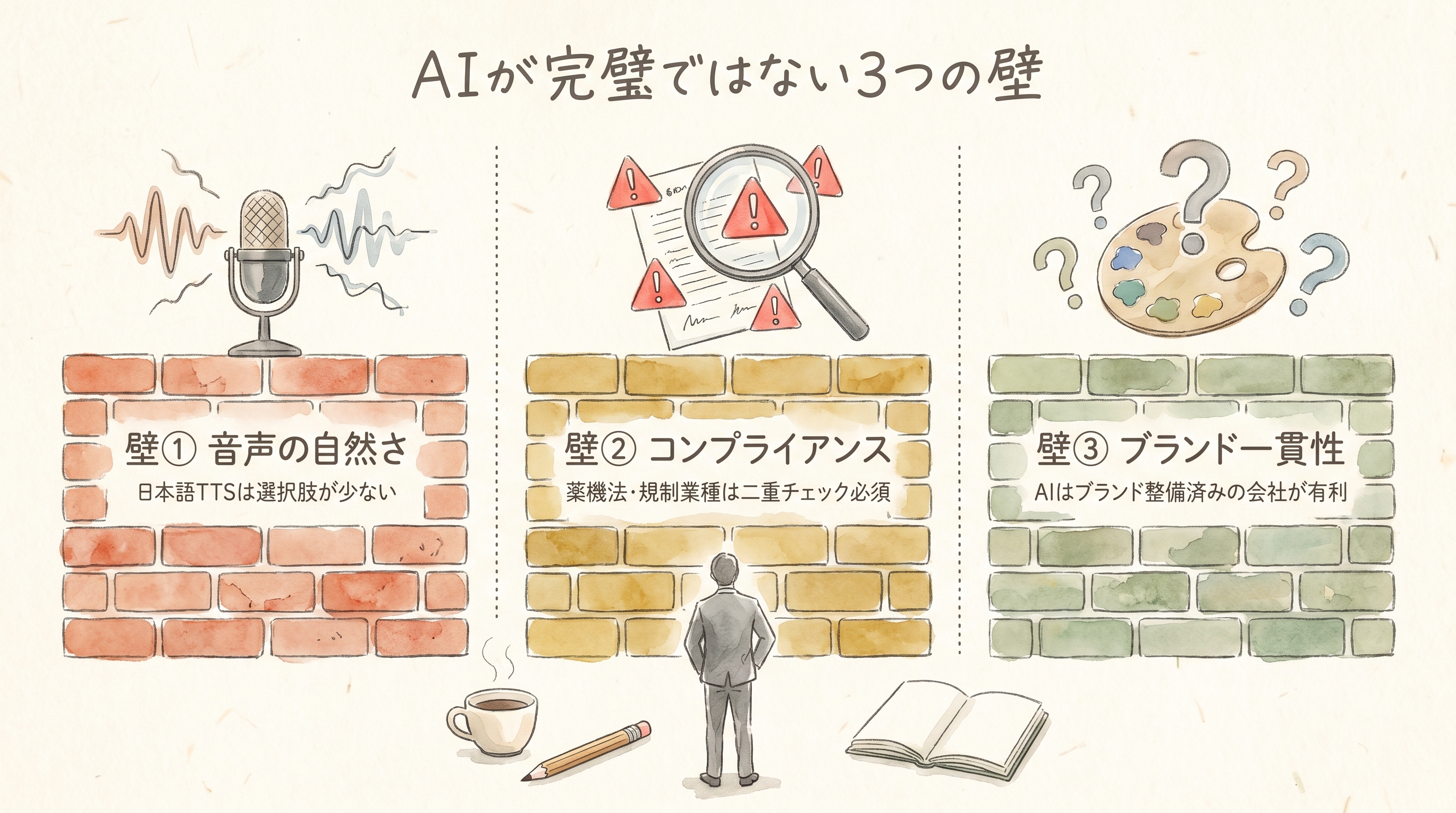 AIが完璧ではない3つの壁 — 音声の自然さ・コンプライアンス・ブランド一貫性