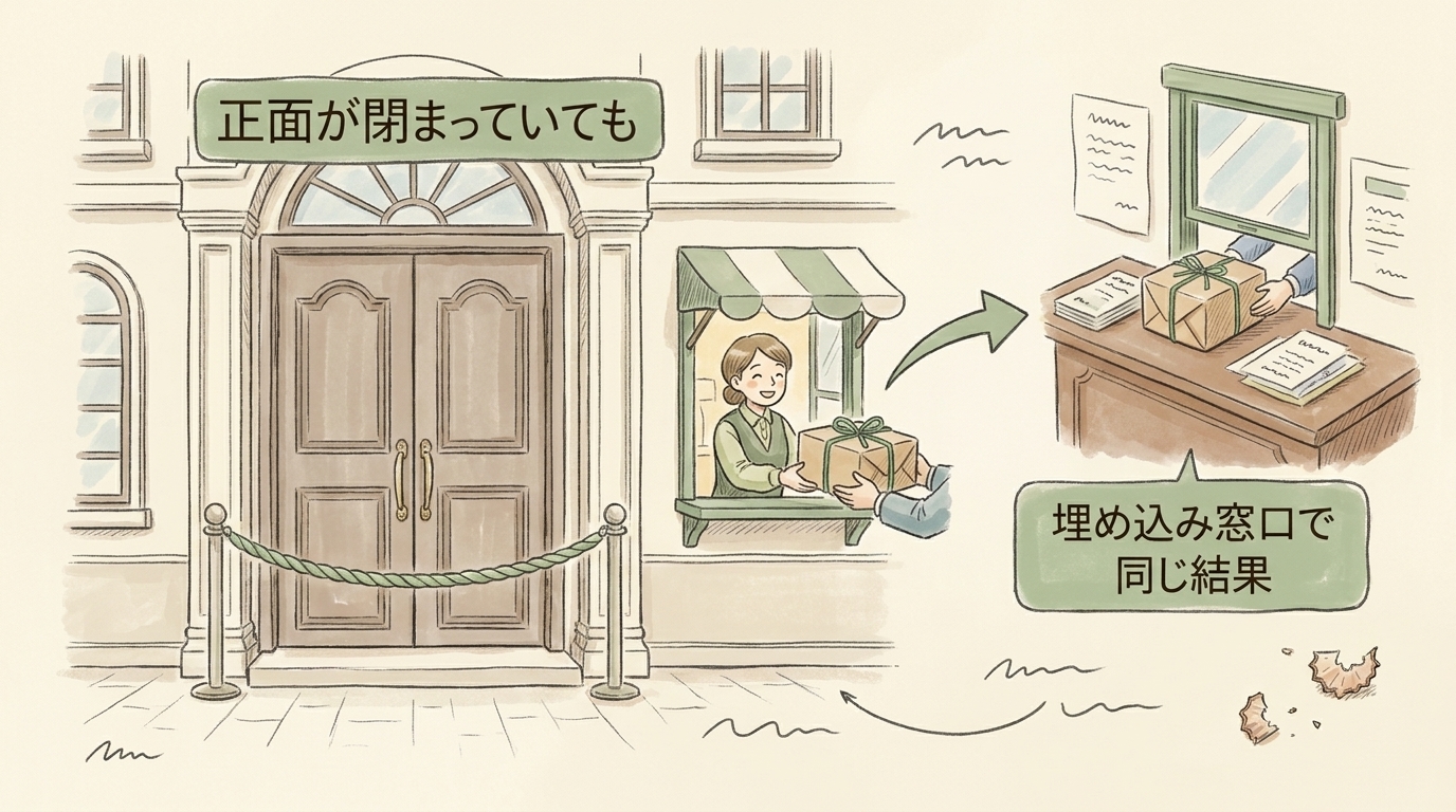 図解：正面が閉まっていても、埋め込み窓口で同じ結果を届けられる