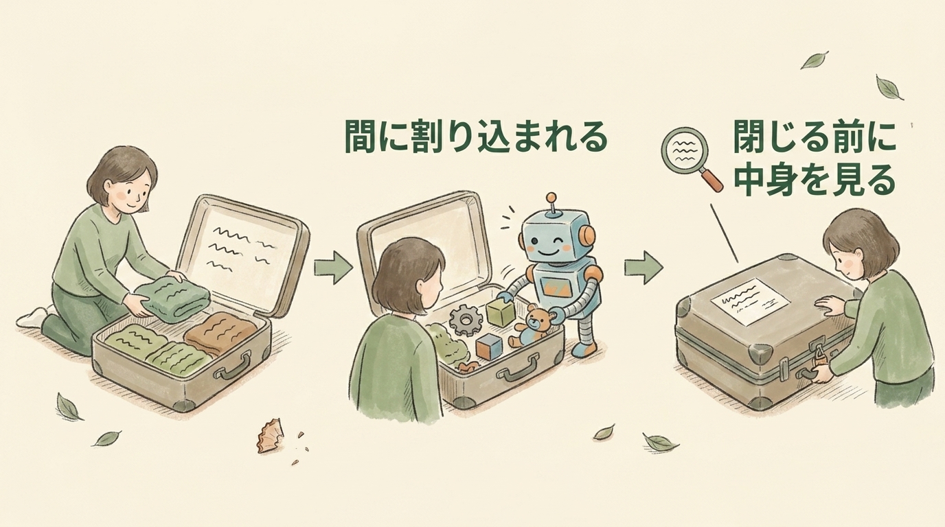 図解:荷造りの間に別の作業者が中身を混ぜる。閉じる前に中身を見る