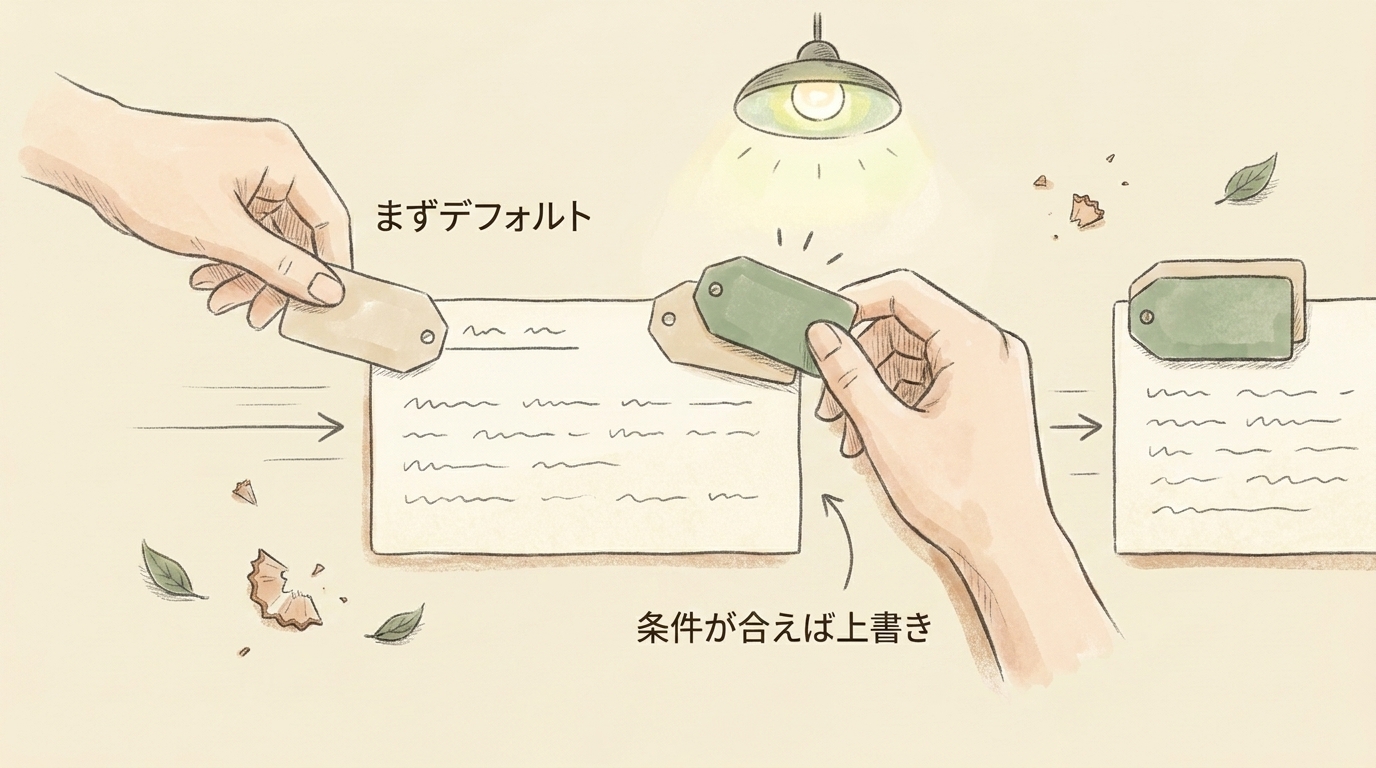 図解：まずデフォルトの札を貼り、条件が合えば上書きする