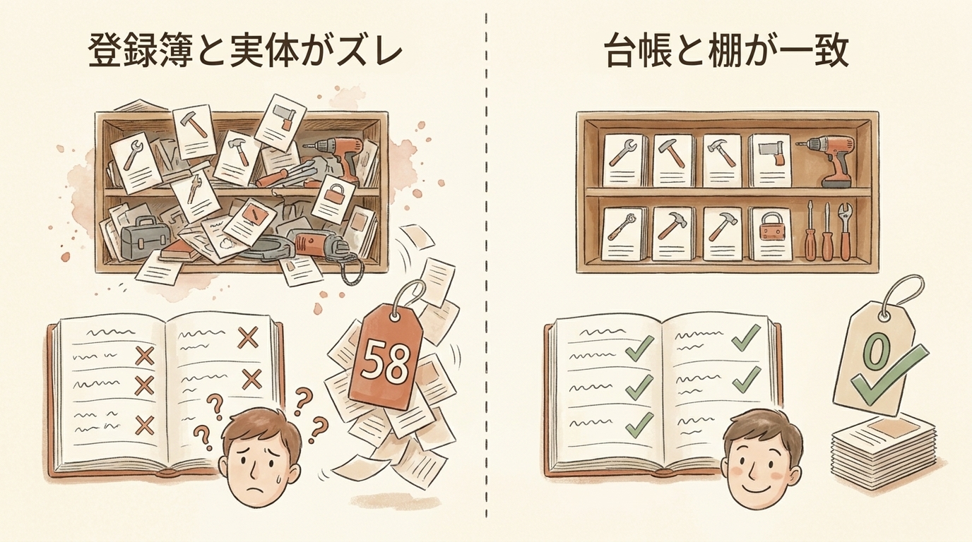 図解：棚卸し前は登録簿と実体がズレ（漂流58）、後は台帳と棚が一致（0）