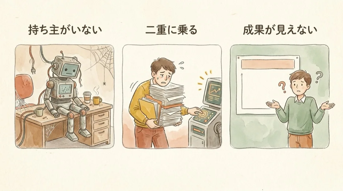 図解：AIが使われなくなる3つの理由（持ち主がいない・二重で乗る・成果が見えない）