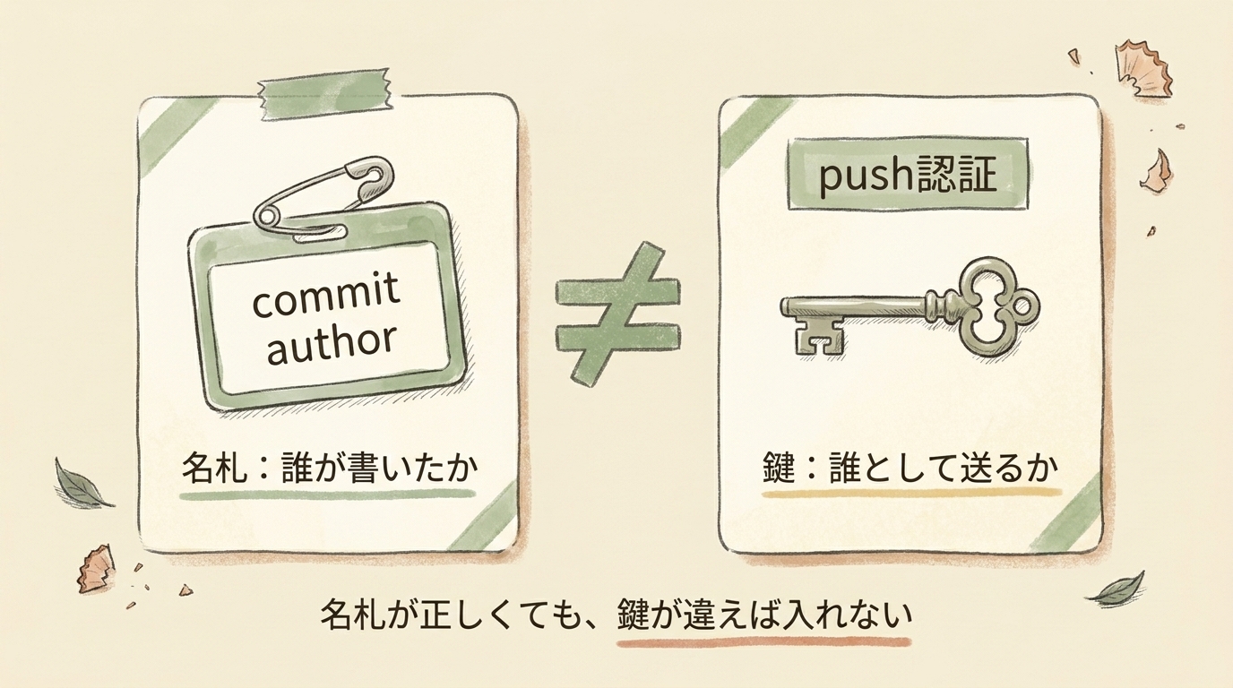 図解：commit author（名札＝誰が書いたか）と push認証（鍵＝誰として送るか）は別物
