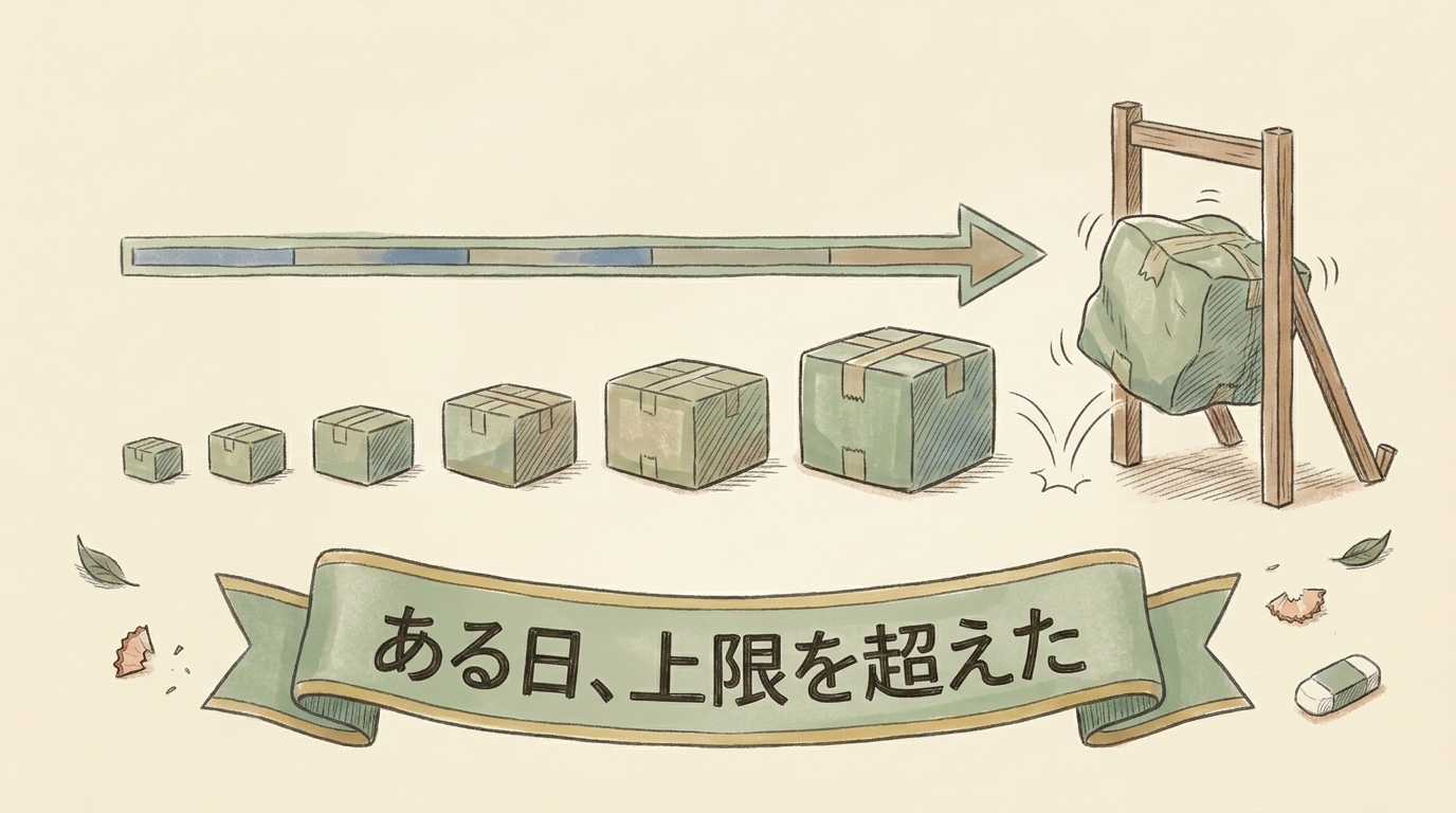 図解：日に日に荷物が育ち、ある日上限を超えた