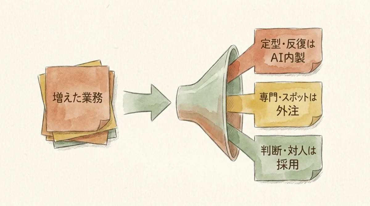 図解：増えた業務を性質で仕分ける。定型・反復はAI内製、専門・スポットは外注、判断・対人は採用