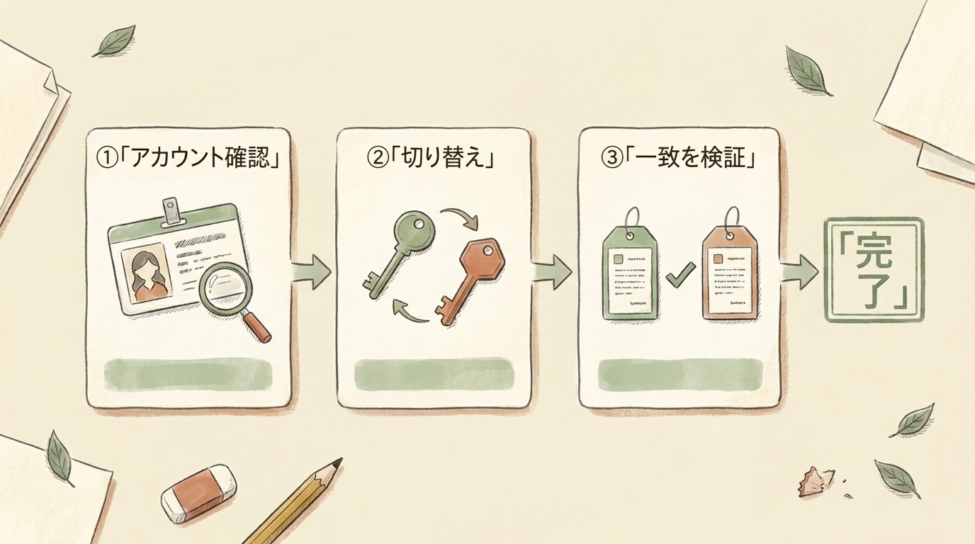 図解：対処3ステップ。アカウント確認→切り替え→一致を検証して完了