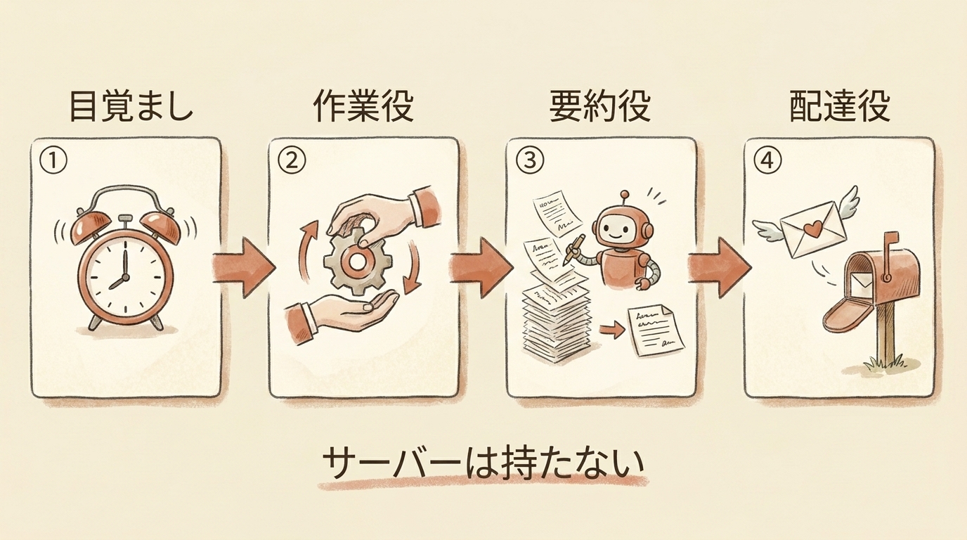 図解：レポート自動化の4部品。目覚まし→作業役→要約役→配達役、サーバーは持たない