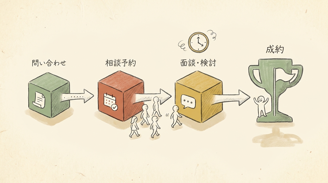 問い合わせから成約までの4ステップ — 大半の人がまだ検討中の段階