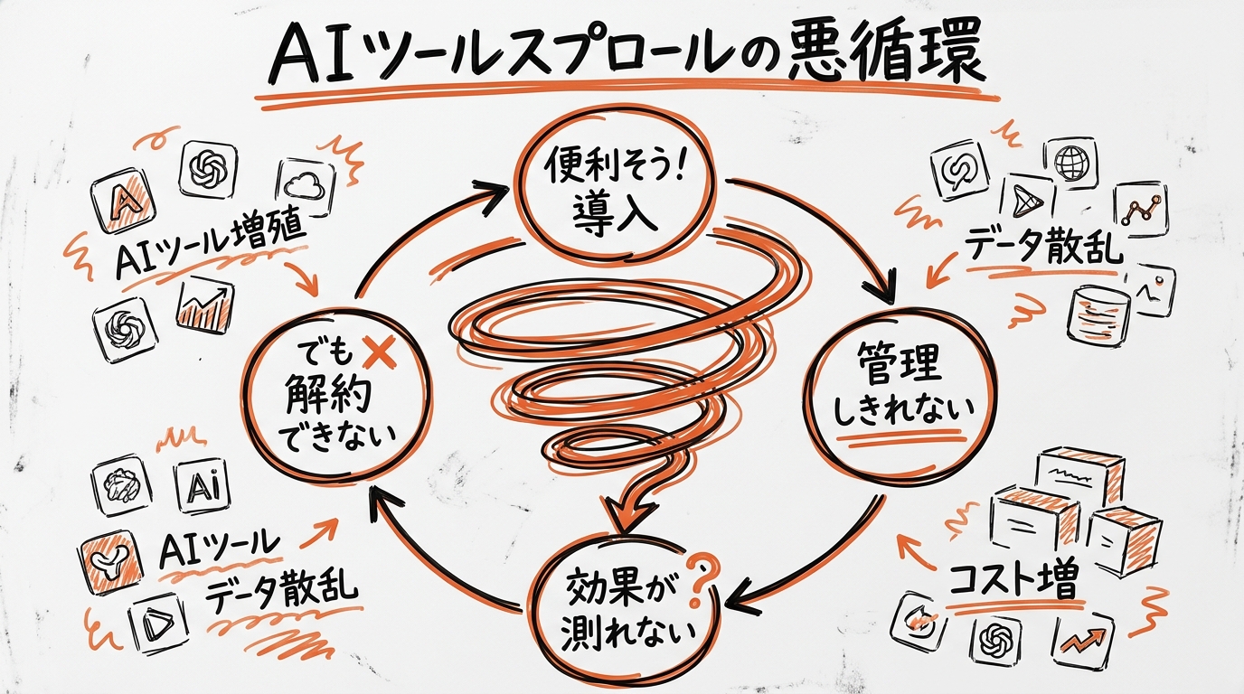 AIツールスプロールの悪循環 — 導入→管理不能→効果測定不能→解約できない→さらに導入