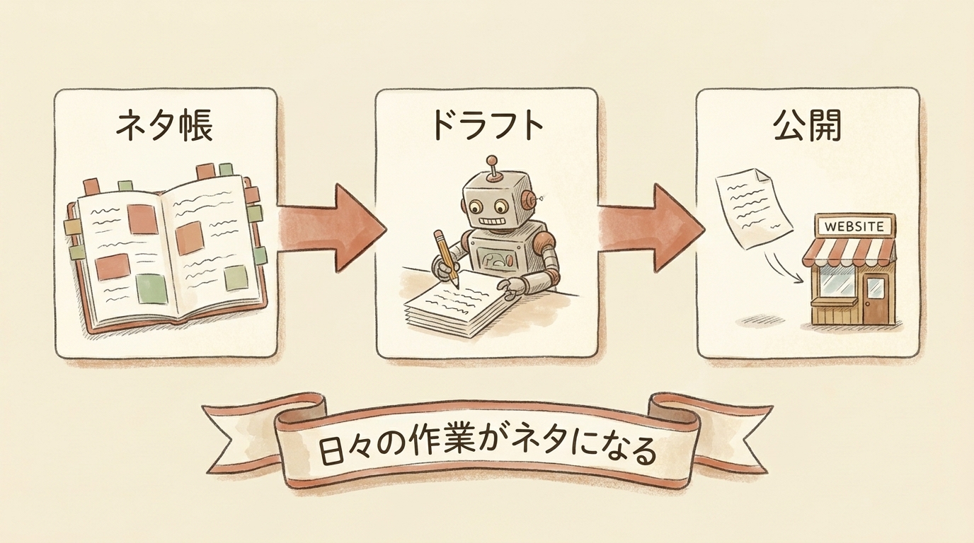 図解：記事量産の3段階。ネタ帳→ドラフト→公開、日々の作業がネタになる