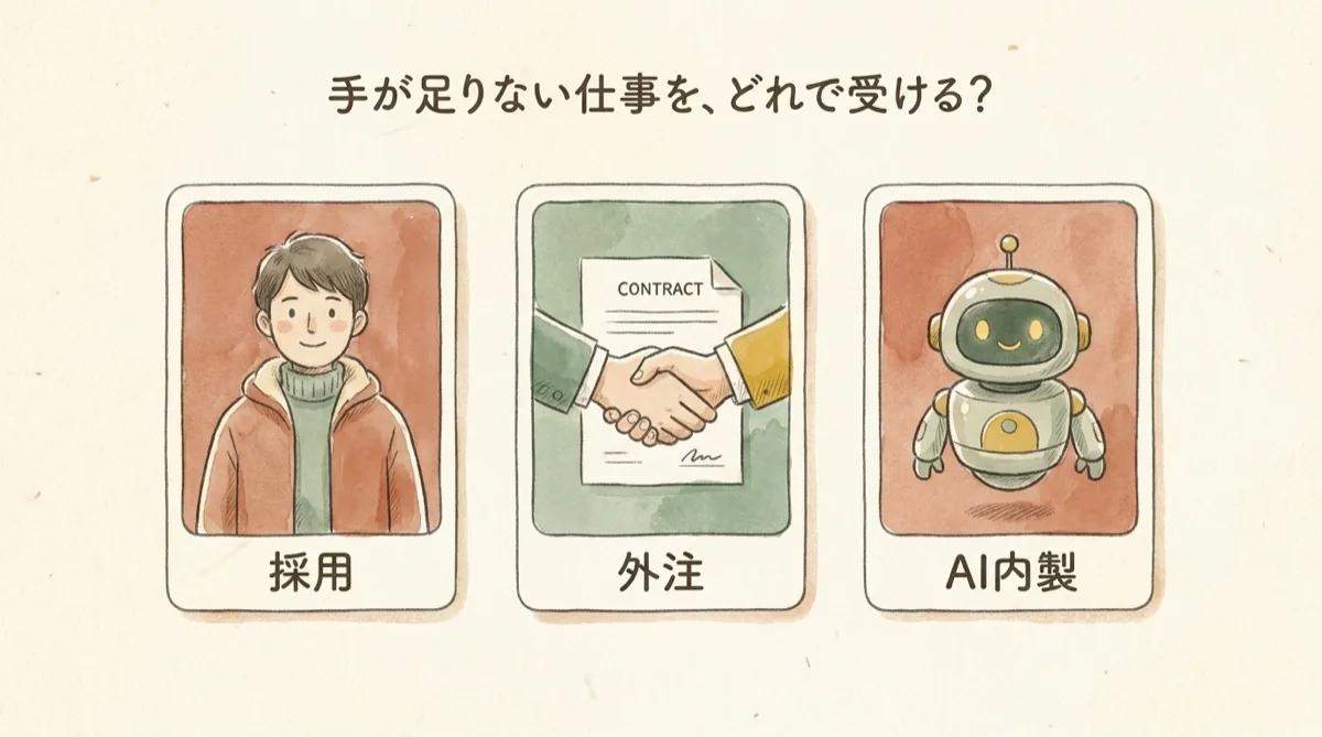 図解：手が足りない業務を受ける3つの選択肢（採用・外注・AI内製）
