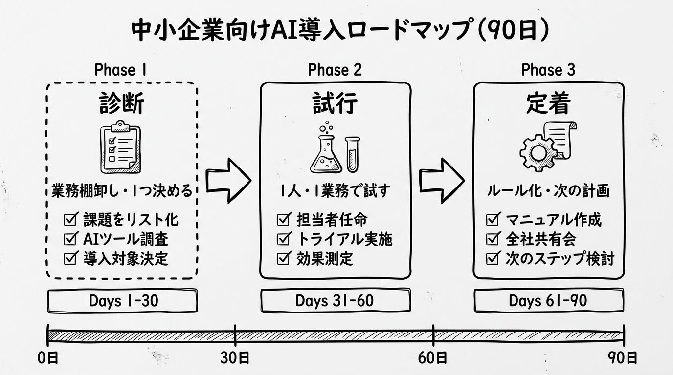 中小企業向けAI導入ロードマップ（90日）— 診断・試行・定着の3フェーズ